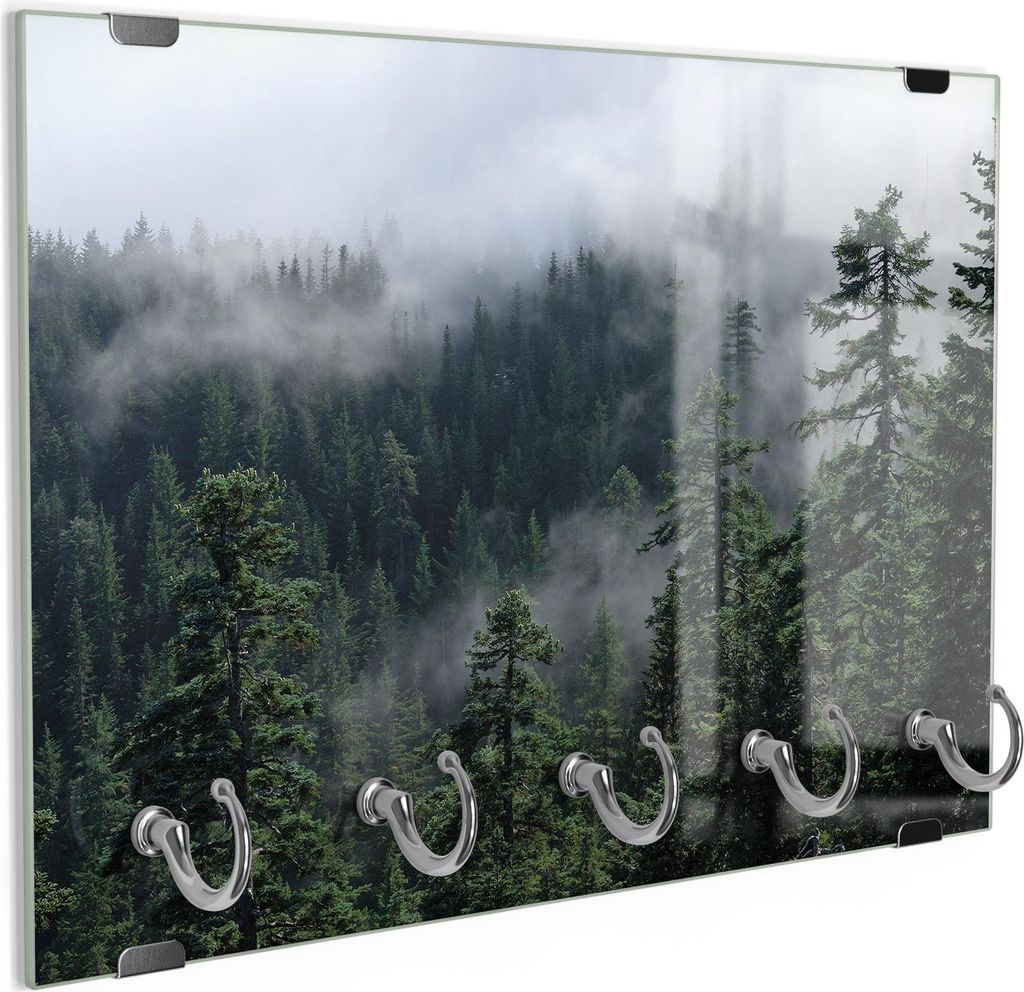 DEQORI Schlüsselbrett Glas 30x20 cm 'Tannenspitzen im Nebel' Schlüssel Halter Board Haken