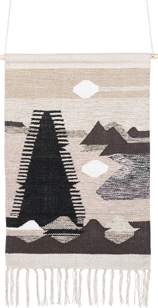 BELIANI Wandbehang aus handgewebter Baumwolle in Beige und Schwarz mit dekorativen Fransen Landschaftsmotiv im Boho-Stil Wohnzimmer/Schlafzimmer