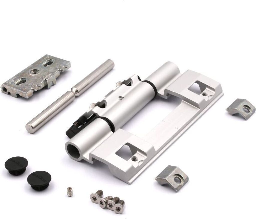 A collection of metal hardware components, including a hinge mechanism, pins, screws, and caps, arranged on a white background.