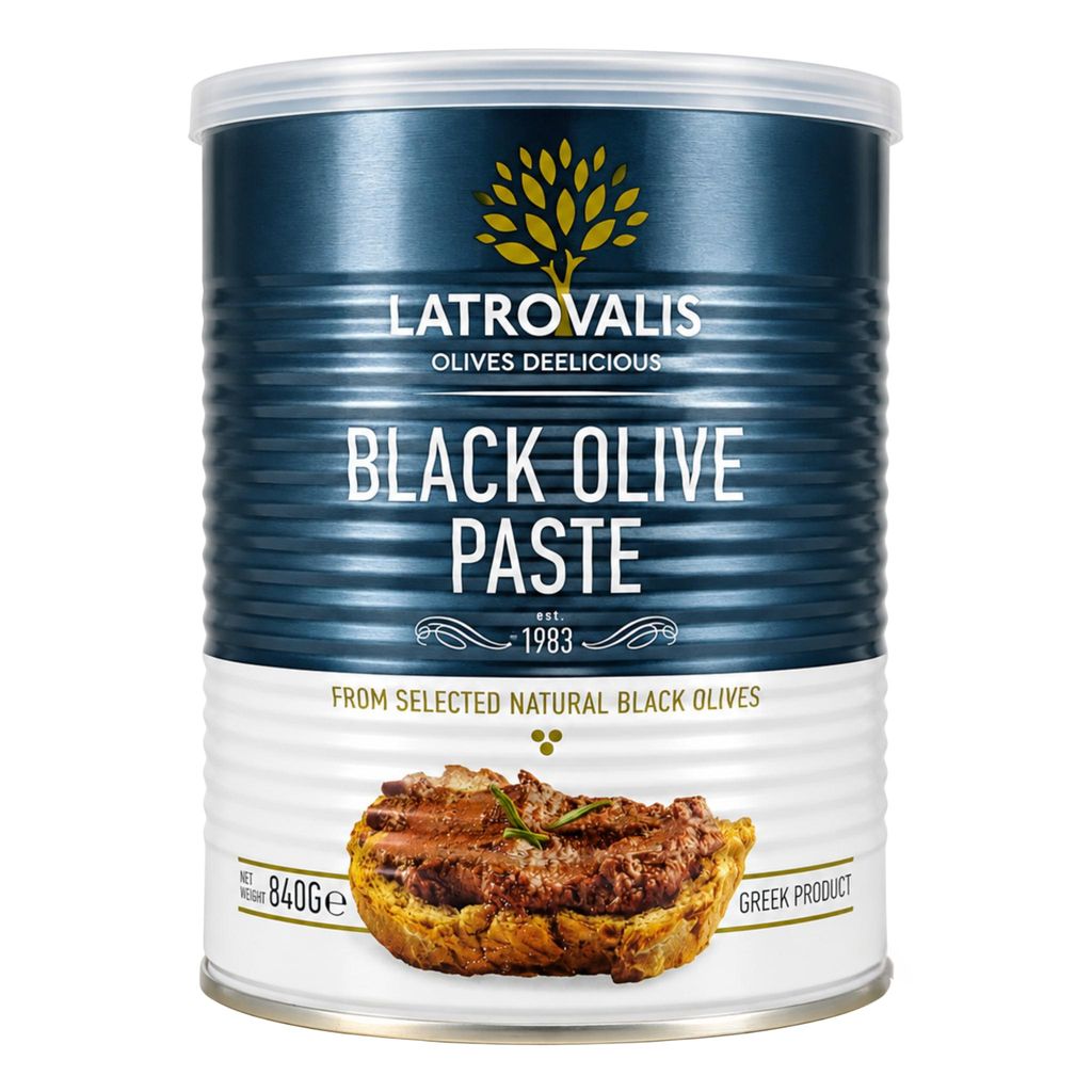 Latrovalis Schwarze Olivenpaste 840 g Dose isoliert auf weißem Grund