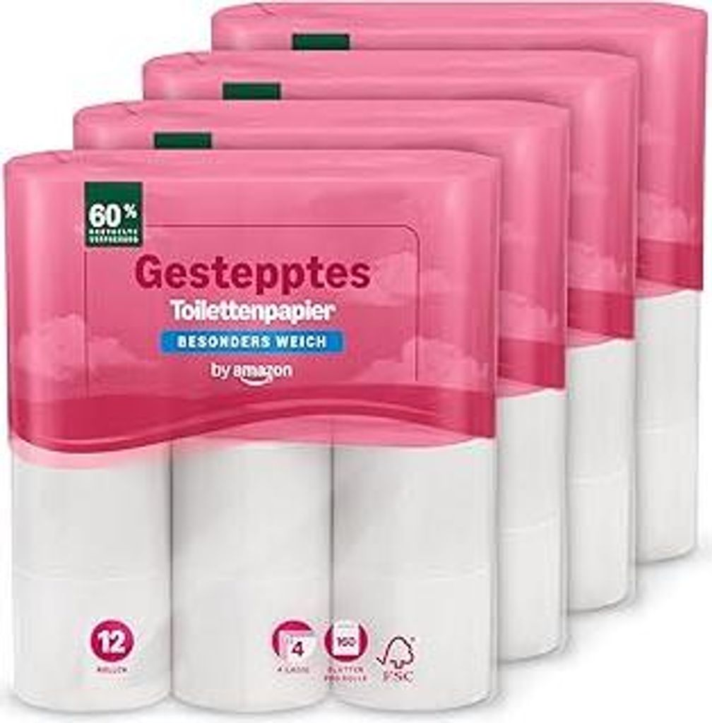 Toilettenpapier, 4-lagig Gestepptes, Besonders Weich, 48 Rollen (12 Rollen, 4-er Pack), 160 Blätter pro Rolle,