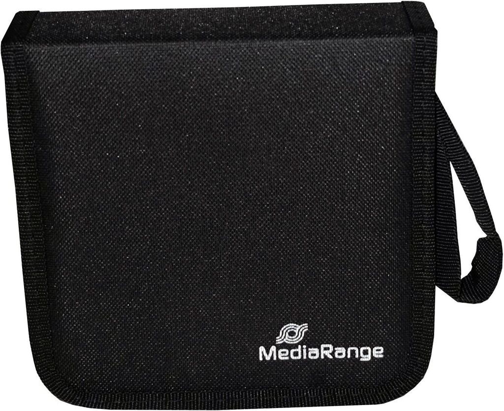 A black CD wallet with a handle and a logo.