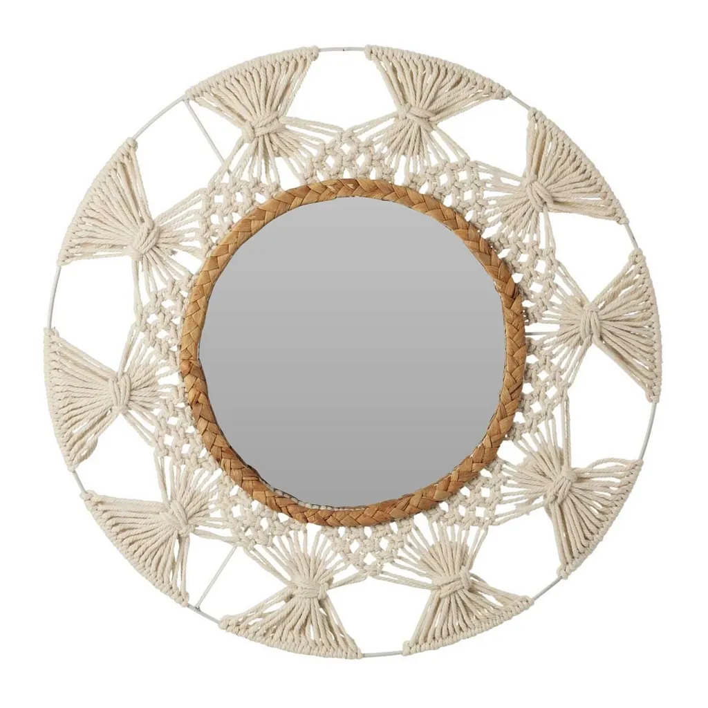 Miroir rond en rotin et macramé 45 cm - Accessoire mural fait main