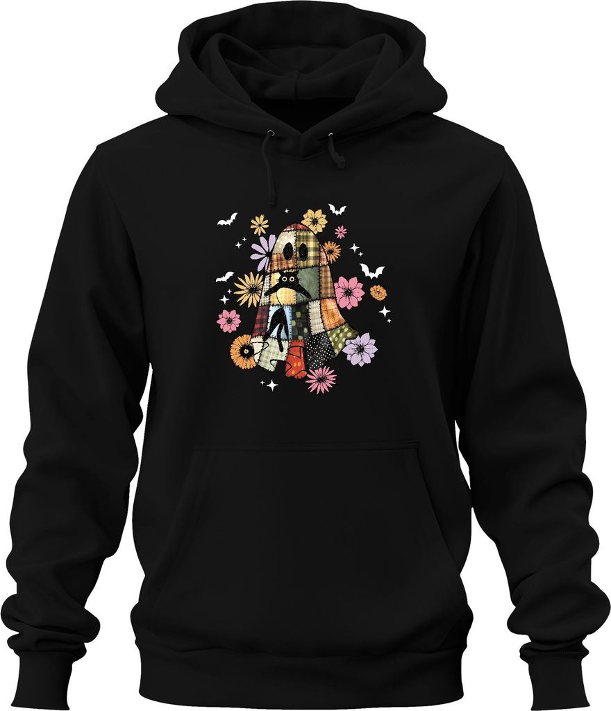 Halloween Geist Patchwork Katze Blumen Herbst Vintage Boho Sterne Uni Hoodie Kapuzenpullover, Schwarz, 3XL