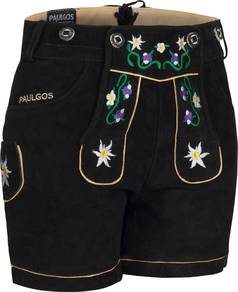 PAULGOS Damen Trachten Lederhose + Träger, Echtes Leder, Kurz in 8 Farben Gr. 34-50 M1