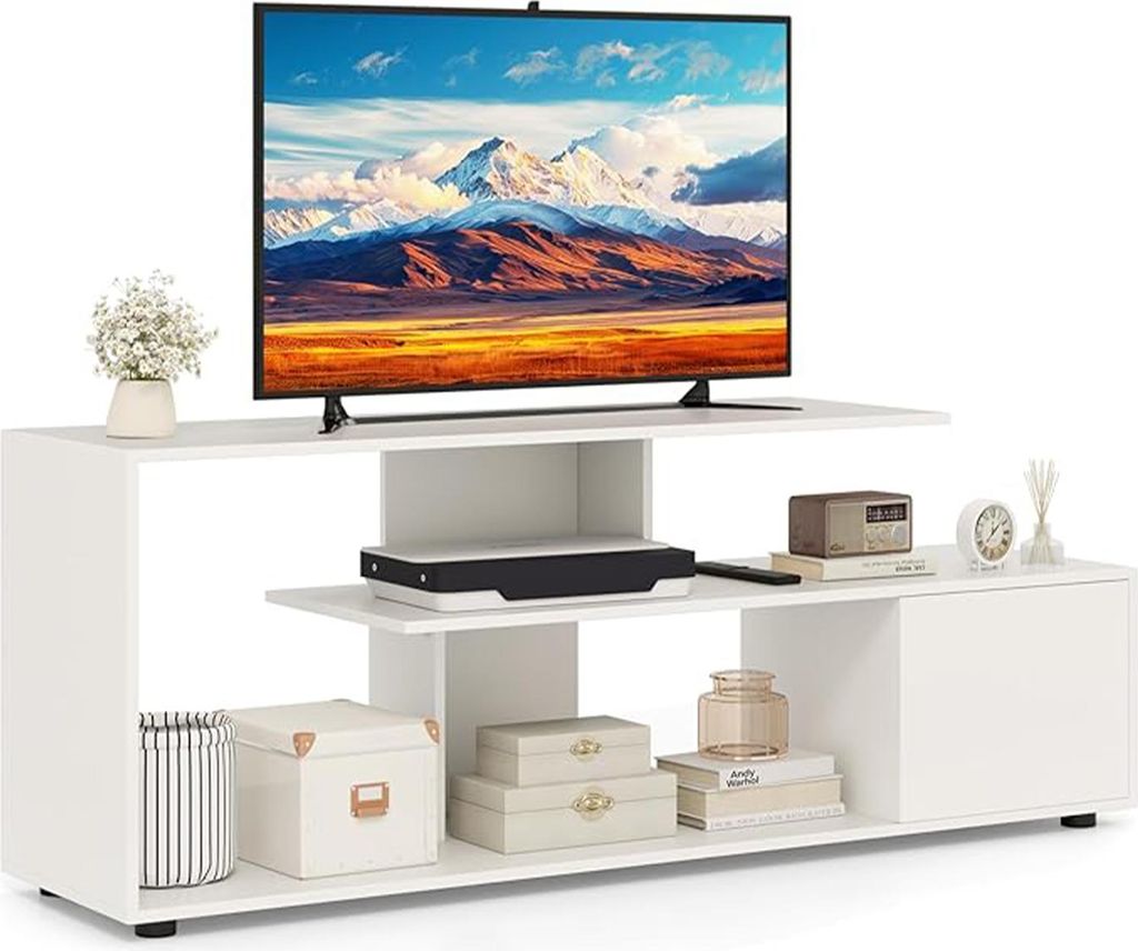 TV-Schrank mit großem Oberboden für Fernseher bis 55 Zoll, 3 Regale, Schrank mit Tür, 4 Verstellbare Füße und 1 Stützfuß, Fernsehschrank,