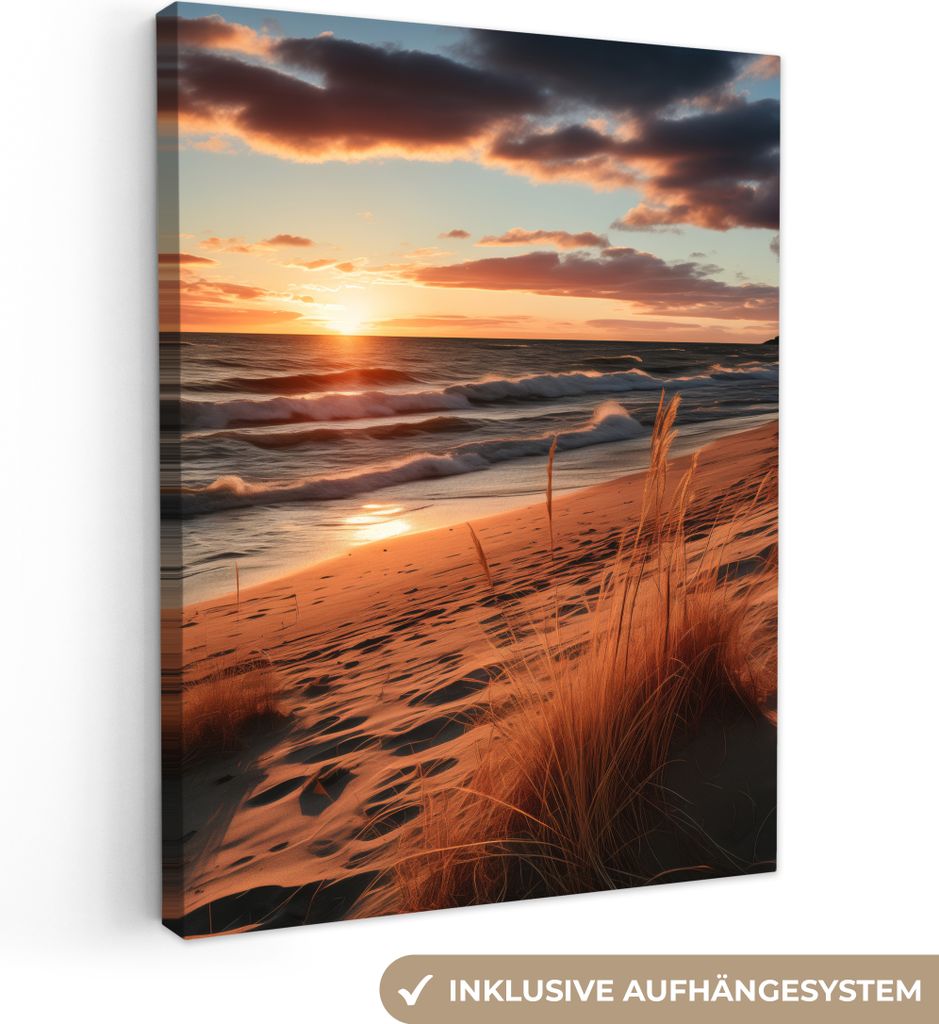 MuchoWow - Leinwandbilder - Strand - Sonnenuntergang - Dünen - Meer - Hochgras, Wandbild, Wanddeko Bilder Wohnzimmer, 60x80 cm