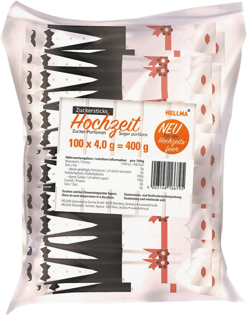 Hellma Zucker-Sticks Hochzeit, Zucker, Portionszucker, Produktbild 