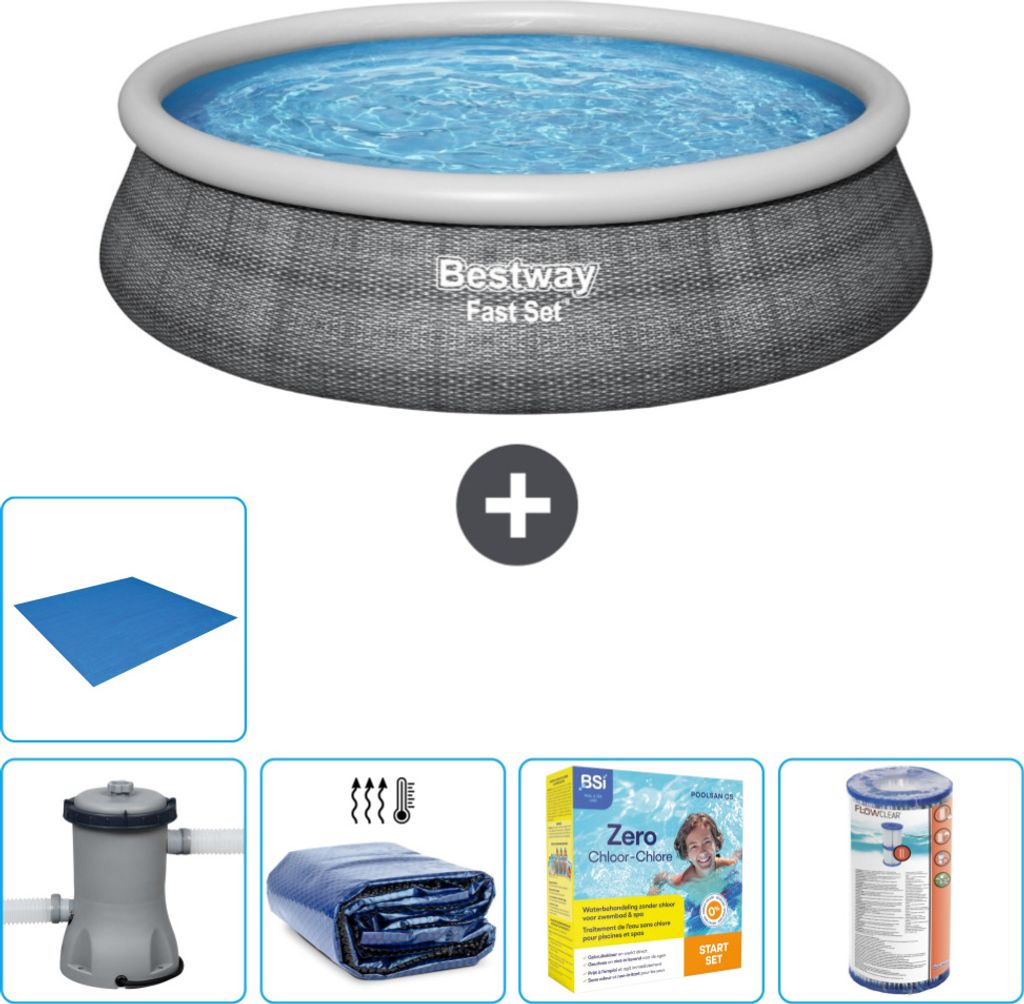 Bestway runder aufblasbarer Fast-Set-Pool – Rattan-Druck – 457 x 84 cm – inklusive Pumpe Sonnensegel - Wartungspaket - Filter - Bodenplane