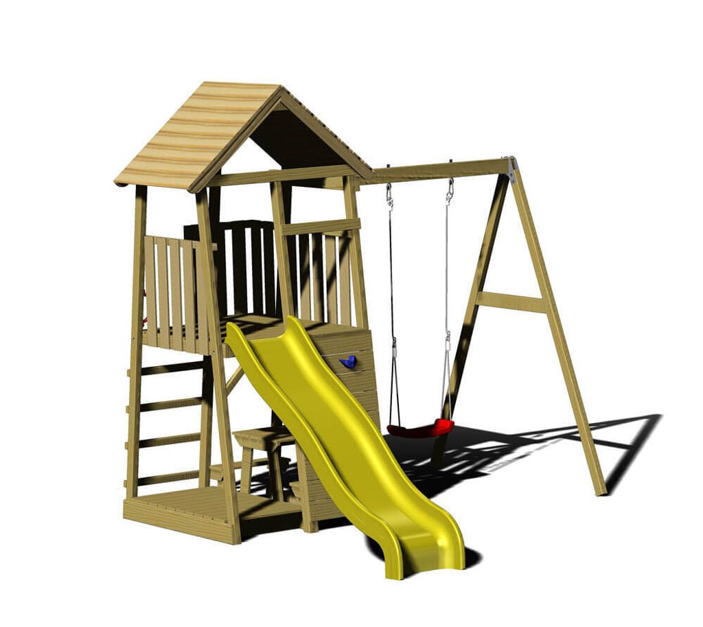 Wendi Toys Holz Spielturm Pelikan inkl. Rutsche, Kletterwand, Schaukel und Sitzgarnitur Natur 280x270x270 cm