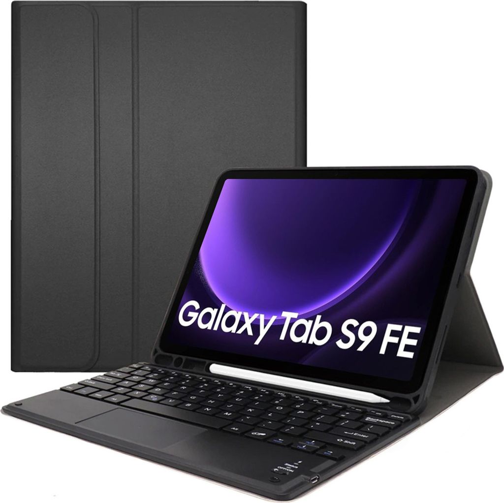 A black tablet with a keyboard case attached, shown at an angle.