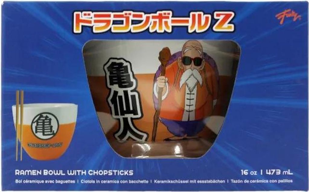 The image shows the packaging for a Dragon Ball Z ramen bowl with chopsticks. The packaging features a blue background with radiating lines, and a window revealing the ramen bowl and a depiction of Master Roshi.