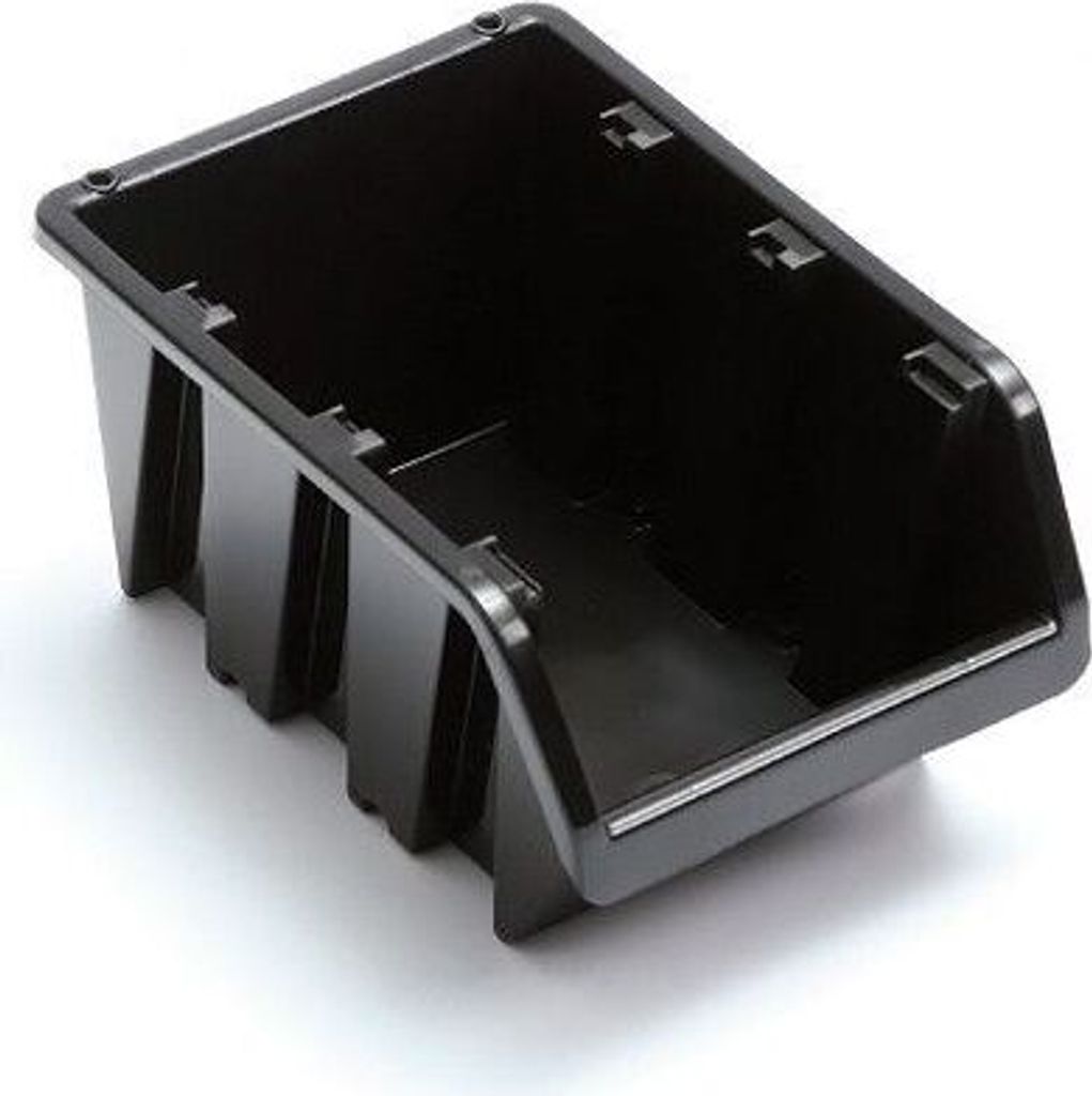 A black plastic storage bin is shown against a white background.