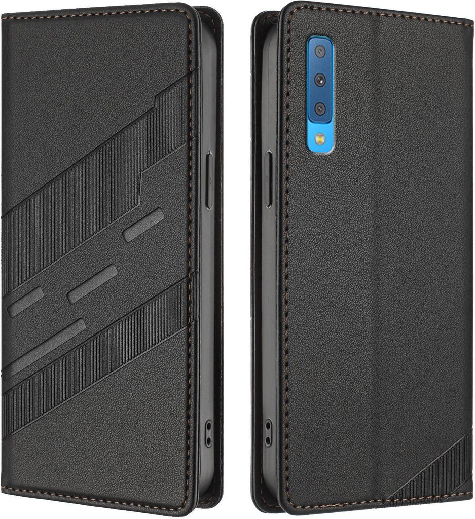 Hülle für Samsung Galaxy A7 2018, Kunstleder Brieftaschen Handyhülle mit Kartenfach und Standfunktion Schwarz