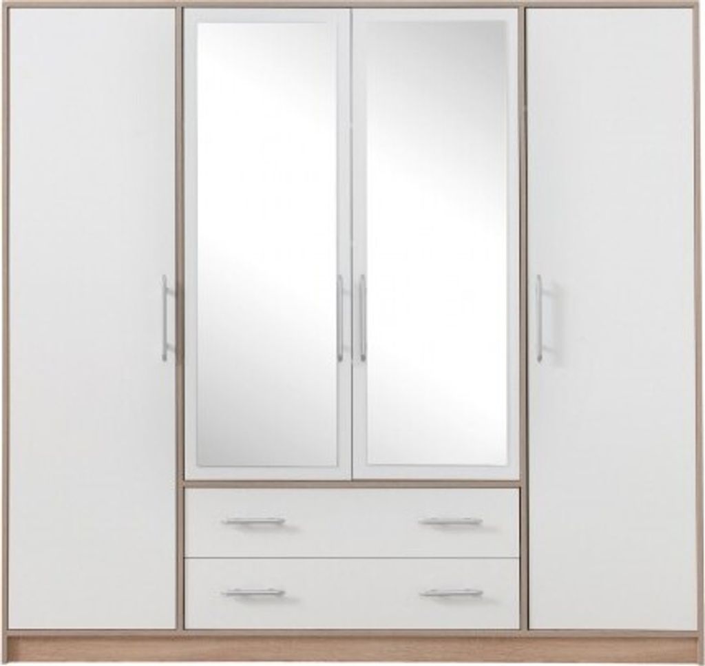 MobelZet, Kleiderschrank START 01 mit Spiegel, Schlafzimmerschrank, Drehtürenschrank, Weiß + Sonoma