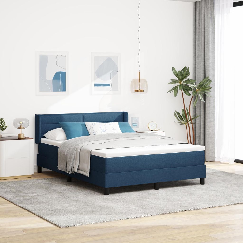 Boxspringbett mit Matratze, blau, 140 x 190 cm, Stoff, Design Möbel Klassische Betten Neu