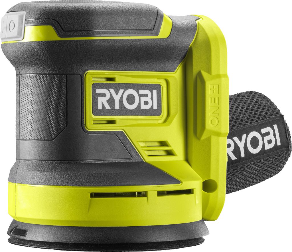 A close-up studio shot of a Ryobi cordless orbital sander.