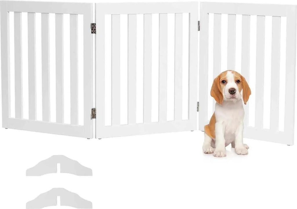 Hundeabsperrgitter - Freistehendes Holzgitter - Höhe 60 cm - Paneele 5 - Erweiterbar - Standfüße 2 - Drehbare Scharniere 360° - Faltbar - Weiß