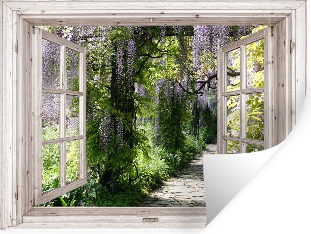 MuchoWow Wandtattoo Wandsticker Wandaufkleber Blauer Regen - Blumen - Aussicht - Baum - Frühling 160x120 cm Selbstklebend und Repositionierbar -...