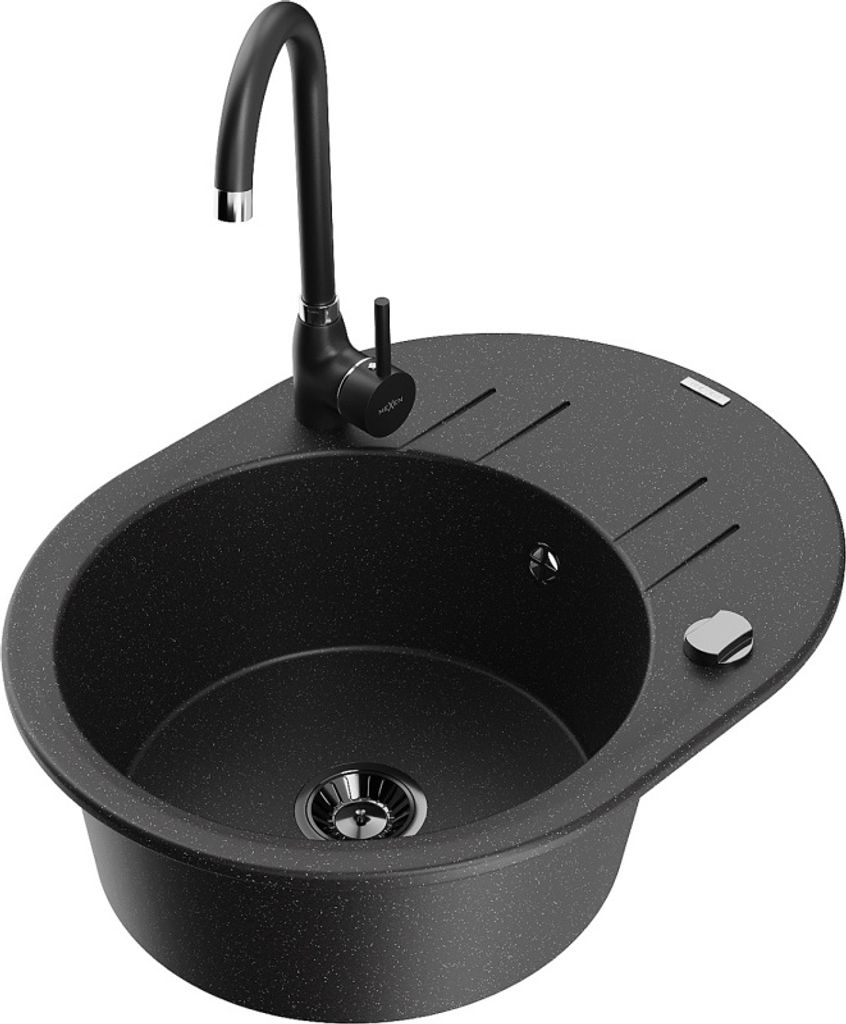 Mexen Kevin 1 Becken-Granitspüle mit Abtropffläche und Mischbatterie Telma, Schwarz/Silbermetallic - 6517-73-670200-70-B