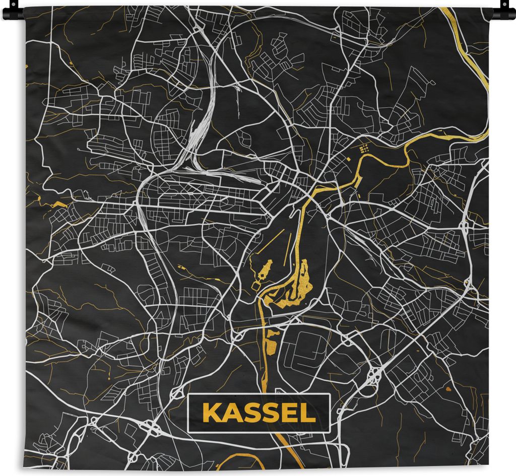 MuchoWow Wandteppich Wandbehang Kassel - Deutschland - Karte - Stadtplan - Gold 90x90 cm Tapisserie Dekoration Wandtuch - Wandaufhänger
