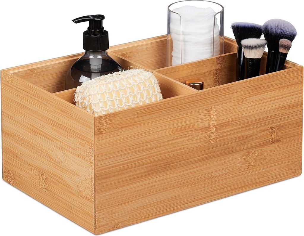 Bamboo Aufbewahrungsbox - stapelbar - Badezimmer - Küche - 4 Fächer - Aufbewahrungsbox ohne Deckel - 14 x 30 x 20 cm - natur