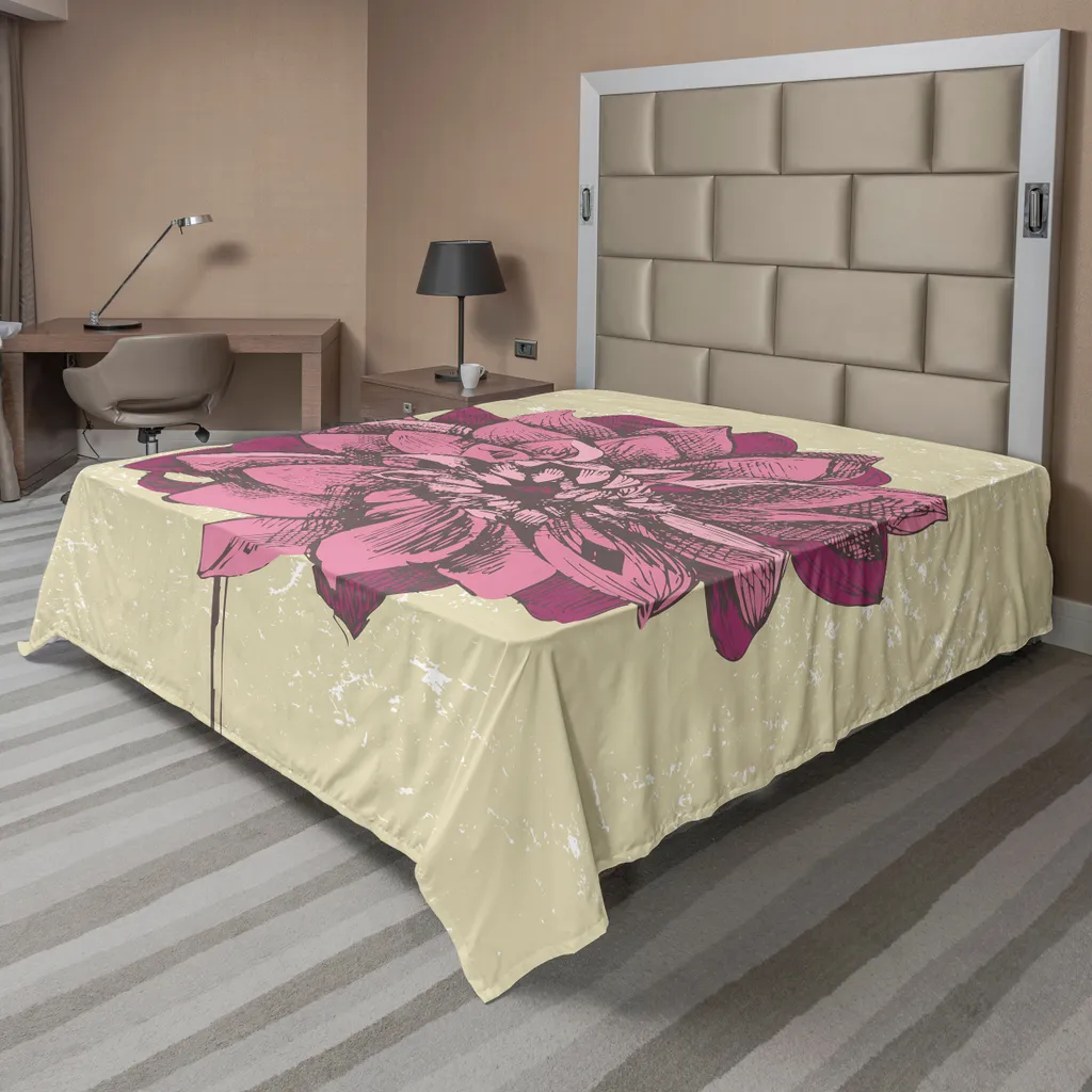 ABAKUHAUS Lenzuolo Boho, Vintage Dahlia Flower con sfondo grunge opaco, motivo bohemien, lenzuolo morbido e confortevole per un letto decorativo, 1 pezzo 260 cm x 228 cm, kaki viola