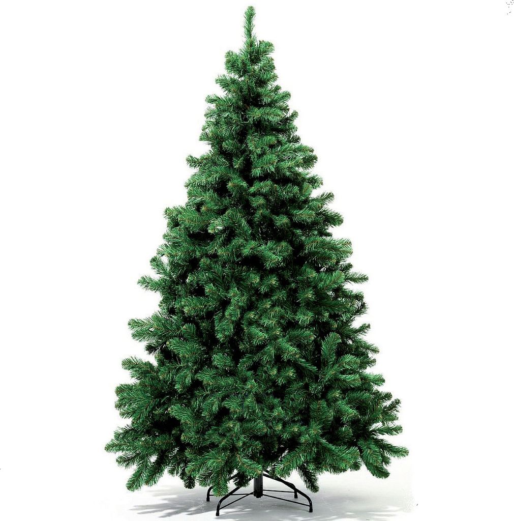 A full shot of an artificial Christmas tree on a white background.