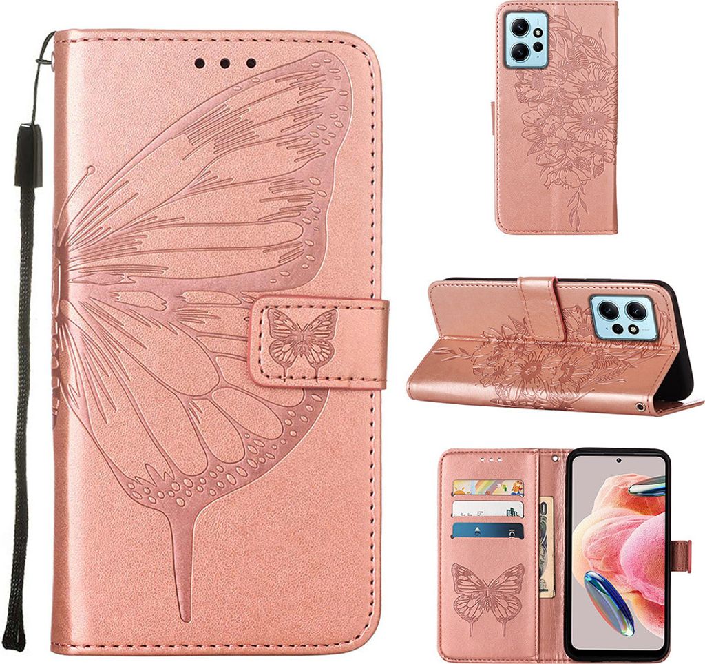 Lederhülle für Xiaomi Redmi Note 12 4G Schmetterling Prägung Flip Ledertasche Kartenfächer Handyhülle mit Ständer Pink
