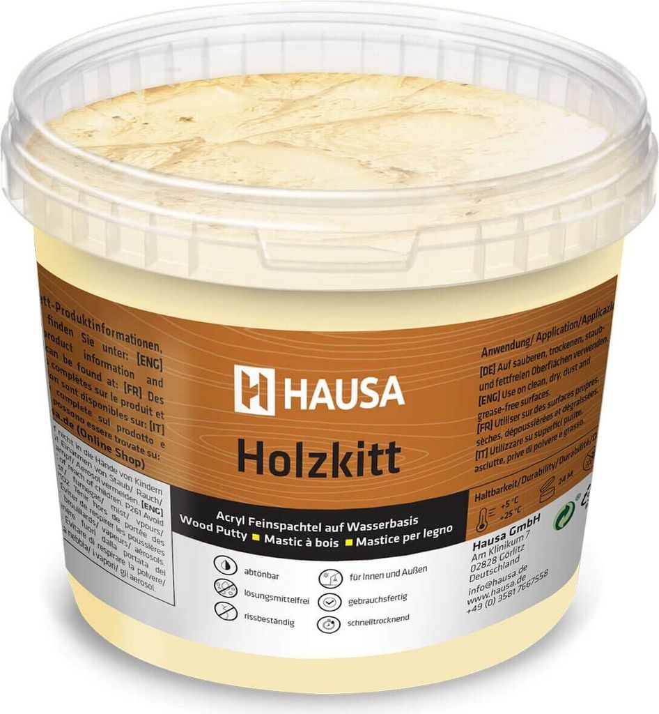 HAUSA Holzkitt 1 kg Kiefer Hell Holzspachtelmasse, Kitt für Holz, Holzspachtel/Füllmasse zum Reparieren von Holzschäden gebrauchsfertig ausgezei...