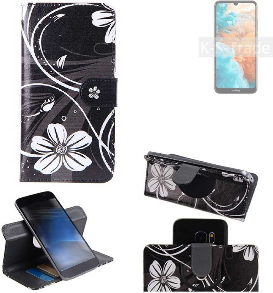 K-S-Trade Schutzhülle Handyhülle kompatibel mit Huawei Y6 2019 Hülle 360° Wallet Case ''Flowers'' Klapphülle Hülle schwarz-weiß 1x