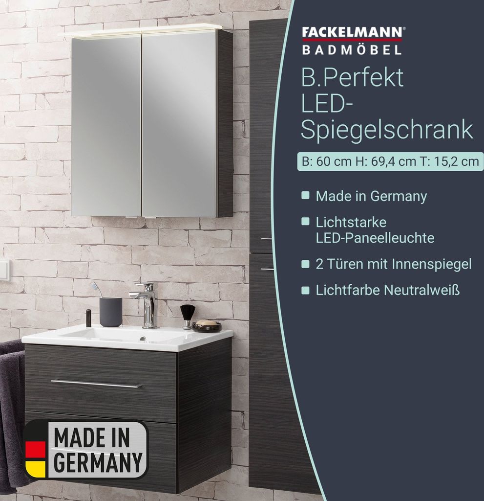 FACKELMANN LED Spiegelschrank B.PERFEKT / Badschrank mit Soft-Close-System / Maße (B x H x T): ca. 60 x 69 x 15 cm / hochwertiger Schrank mit Spie...