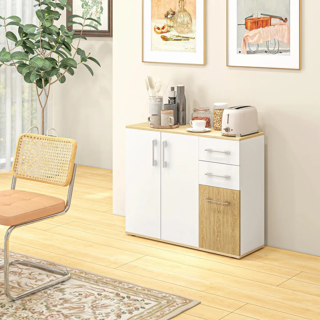 Buffet commode blanc 90x30x75,5 cm - Armoire de salon à 2 tiroirs MOD1 - 2