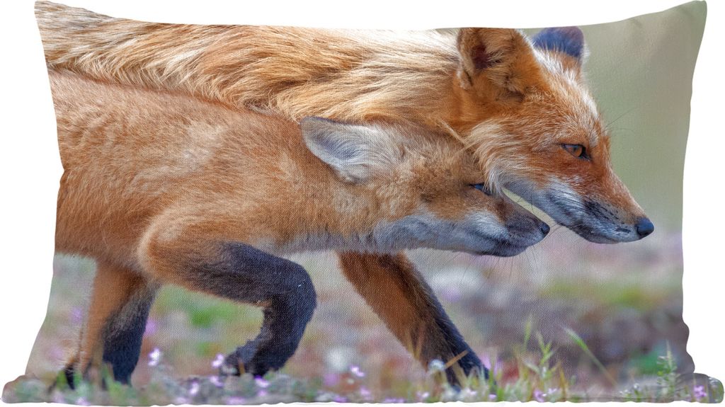 MuchoWow Zierkissen Sofakissen Wohnzimmer Dekokissen 50x30 cm Rotfuchs mit Jungtier - Wohnzimmerdekoration - Polster mit Photo