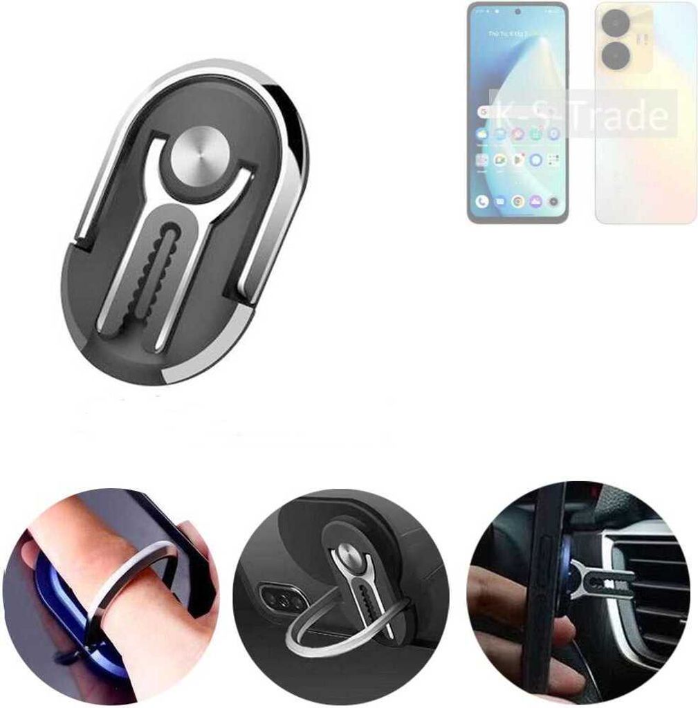 K-S-Trade 3in1 Smartphone-Ring Handy-Ring kompatibel mit Realme C55 Fingerhalterung Handyring Tischständer Lüftungsgitter-Halterung Tisch Ständer