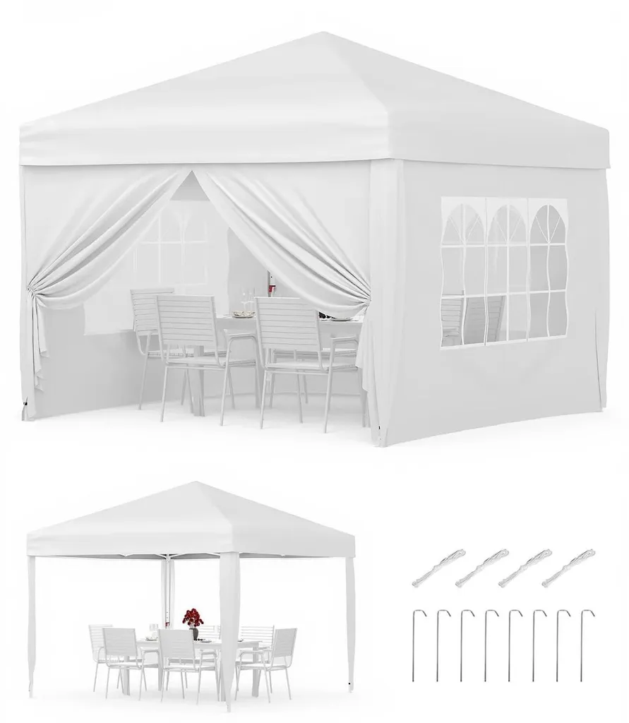 Barnum pliant de réception 3x3m blanc avec parois et sac de transport