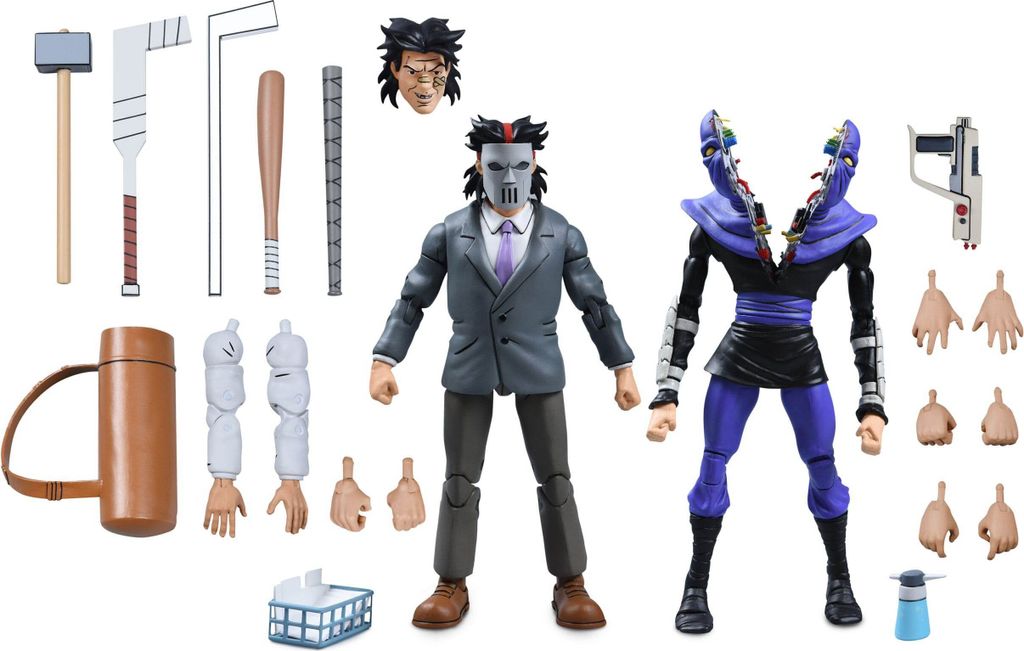 Two action figures and their accessories laid out on a white background.