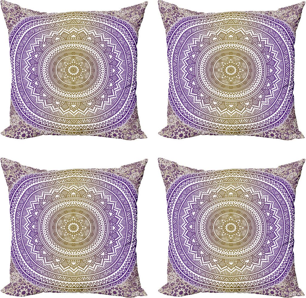 ABAKUHAUS Gelb und Lila Kissenbezug Set (4 Stück), Cosmos Mandala, Moderner Doppelseitiger Digitaldruck, 40 cm x 40 cm, Senf und Lila