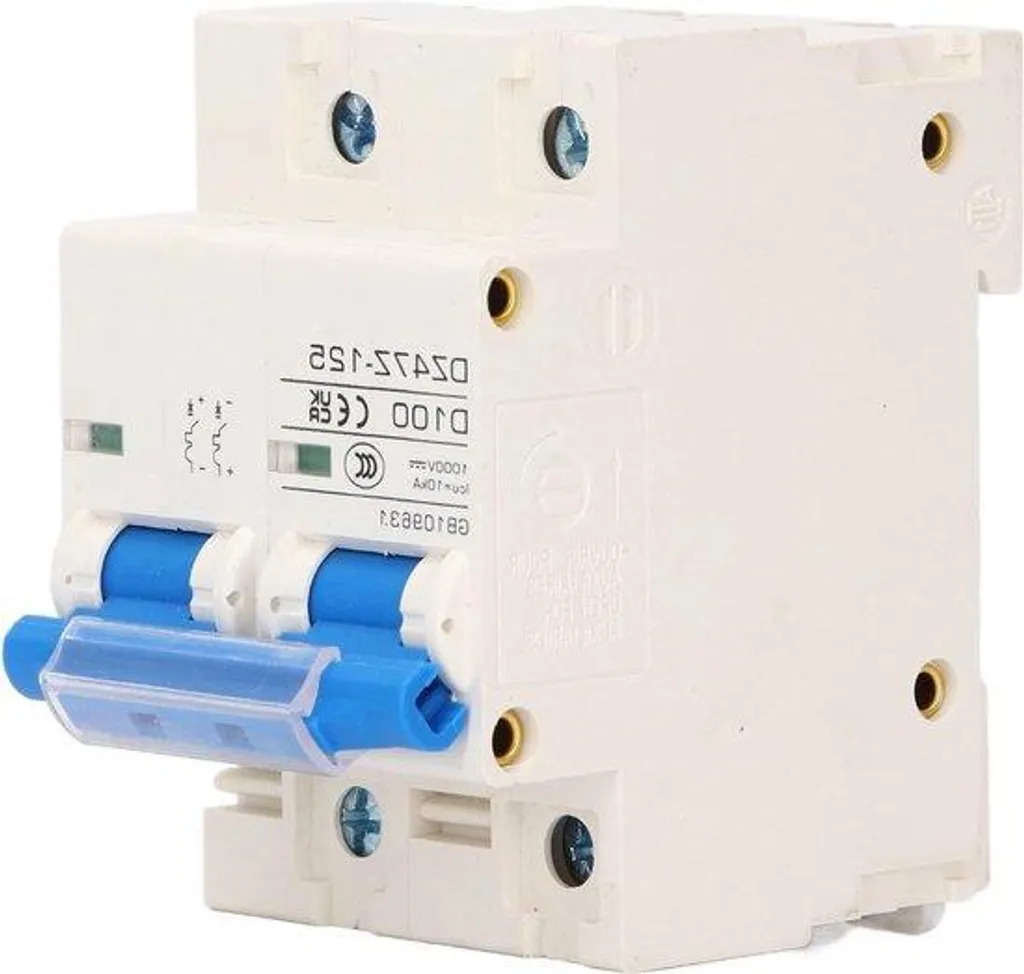 Disjoncteur bipolaire 100A haute tension 1000V DC, finition bleue, montage rail DIN