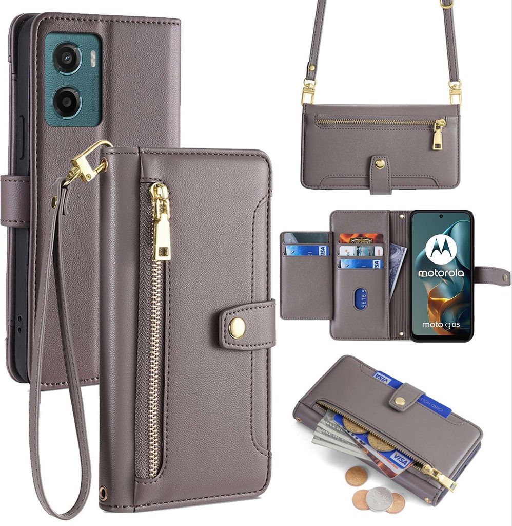Handykette Hülle für Motorola Moto G05 / Moto E15 mit Band Handyhülle Kartenfächer Kunstleder Umhängetasche in Grau