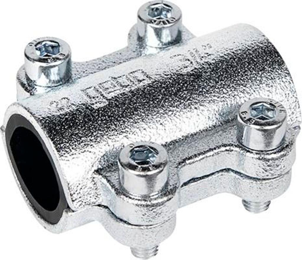 A close-up studio shot of a metal pipe repair clamp.