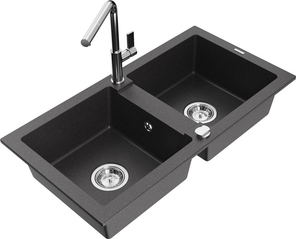 Mexen Mario 2-Becken-Granitspüle mit Mischbatterie Flora, Schwarz gesprenkelt - 6504-76-670401-00
