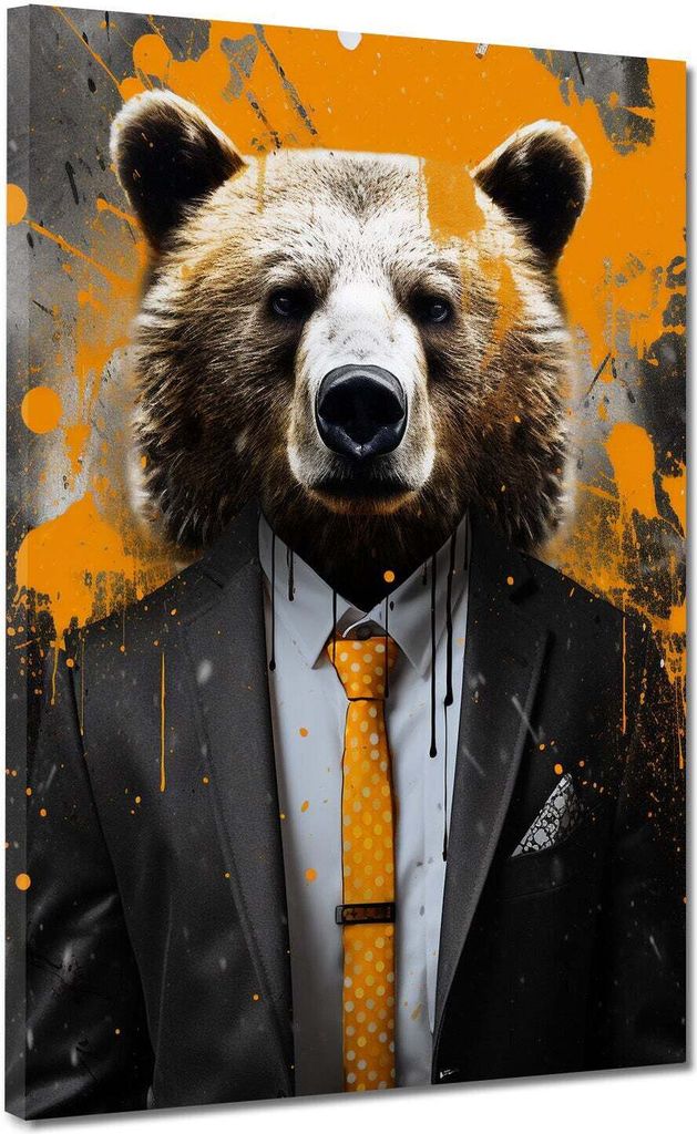 Bär im Anzug Pop Art Yellow Leinwandbild Wandbild Kunstdruck XL Wanddeko: 60x80x4cm