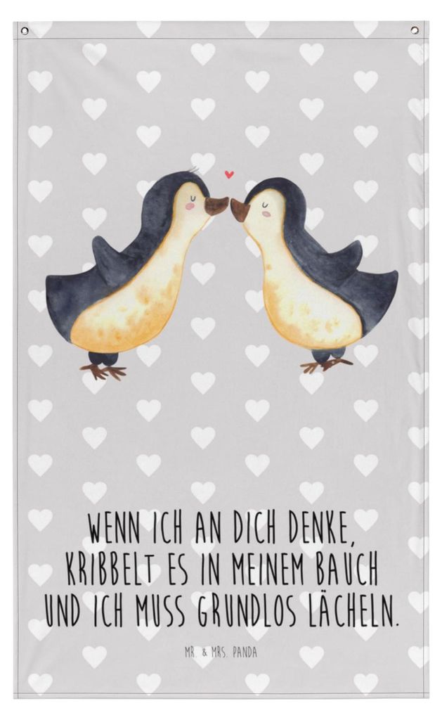Mr. & Mrs. Panda Wandbild Pinguine Kuss - Grau Pastell - Geschenk, Gobelin, Mitbringsel, Hängedeko, Valentinstag, Tapestry, für Partner, Freundin...