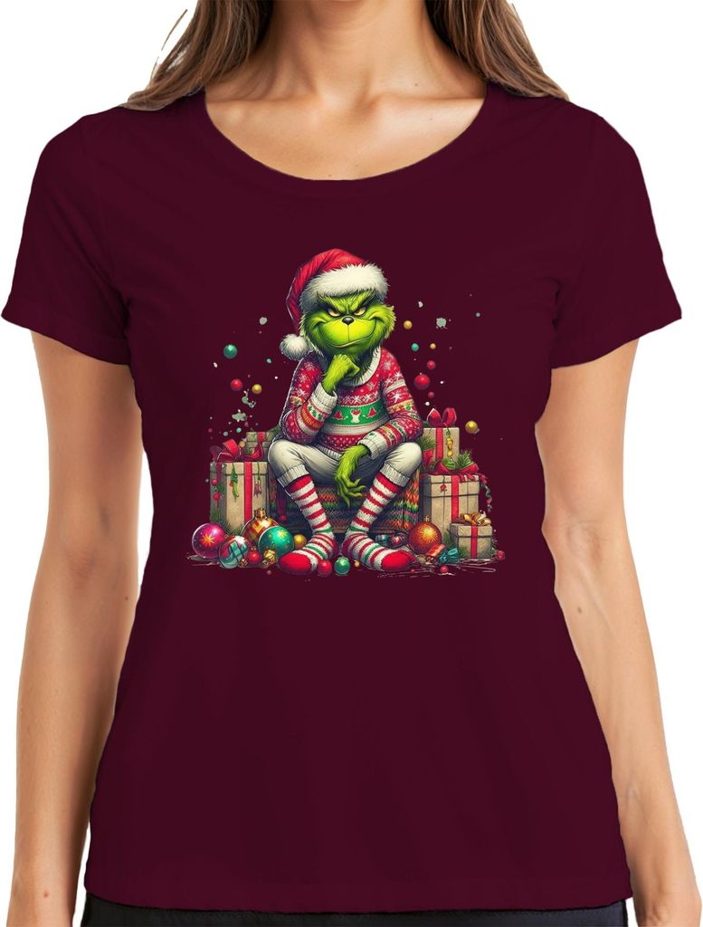 Grinch Weihnachtsgeschenk lustig böse Geschenkidee Retro Damen T-Shirt, Burgundy, L