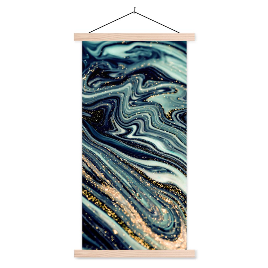 MuchoWow Textilposter Marmor - Gold - Blau - Glitter - Marmoroptik - Abstrakt 60x120 cm mit holzfarbenen Rahmen - Holz