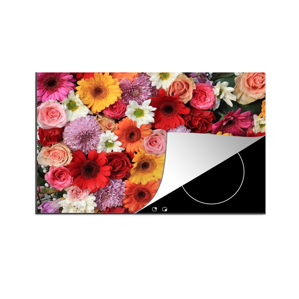 KitchenYeah Herdabdeckplatte Blumen - Farben - Gerbera - Rosen , 81x52cm, Küche Deko, Glaskeramikkochfeld Herdabdeckung, Abdeckplatte fùr Kochfeld