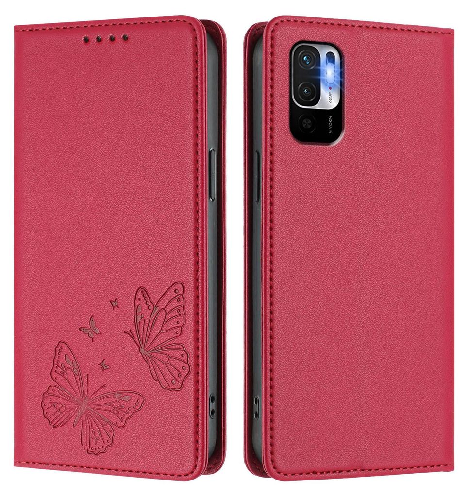 Lederhülle für Xiaomi Poco M3 Pro/ Redmi Note 10 5G, Schmetterling Prägung Leder Brieftasche Schutzhülle mit Ständer Rot