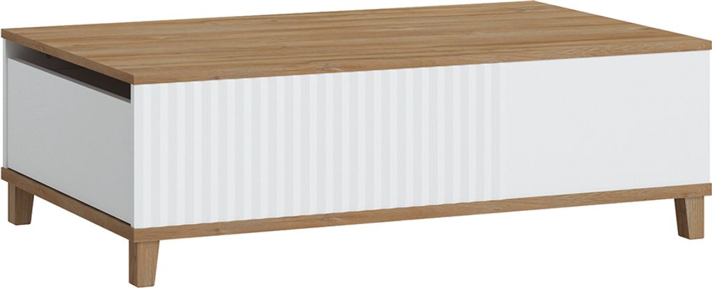 Wohnzimmer Couchtisch mit 2 Schubladen PLYMOUTH-129 in weiß mit Eiche Nb., B/H/T ca. 110/35,6/68 cm