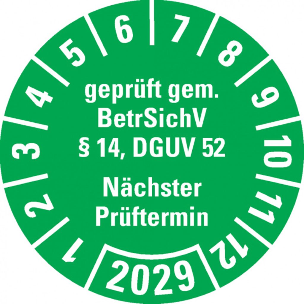 Dreifke Prüfplakette BetrSichV §14, DGUV52, Nächster Prüftermin, 2029, grün,...